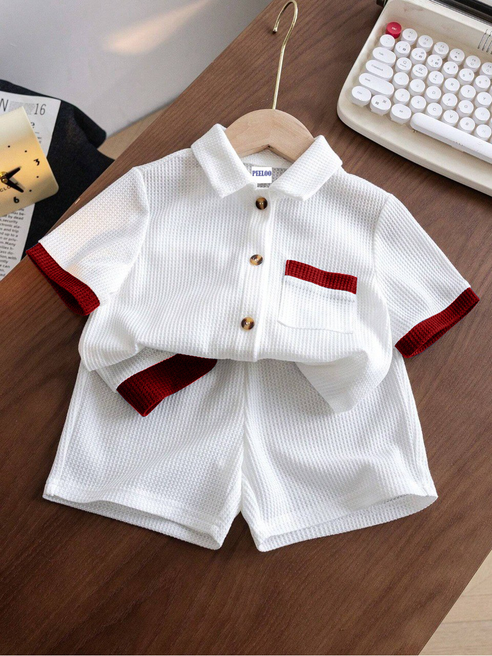 Cotton Unisex White With Red Stripes Top & Bottom Kids Wear Set