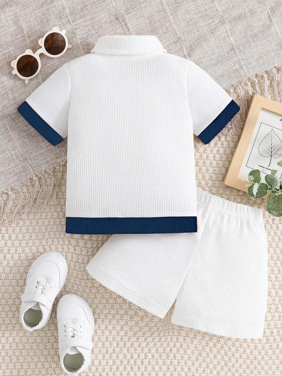 Cotton Unisex White With Blue Stripes Top & Bottom Kids Wear Set