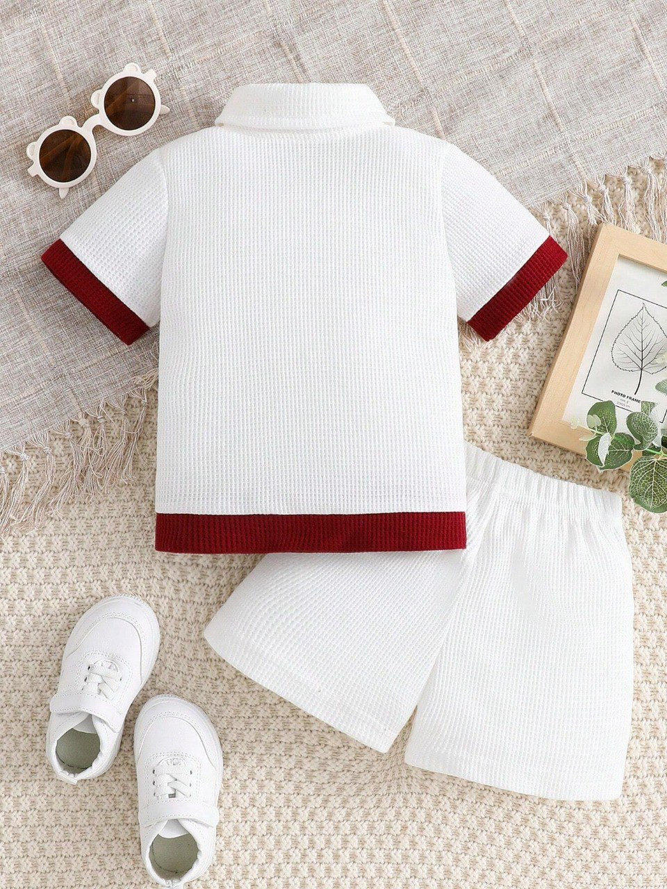 Cotton Unisex White With Red Stripes Top & Bottom Kids Wear Set