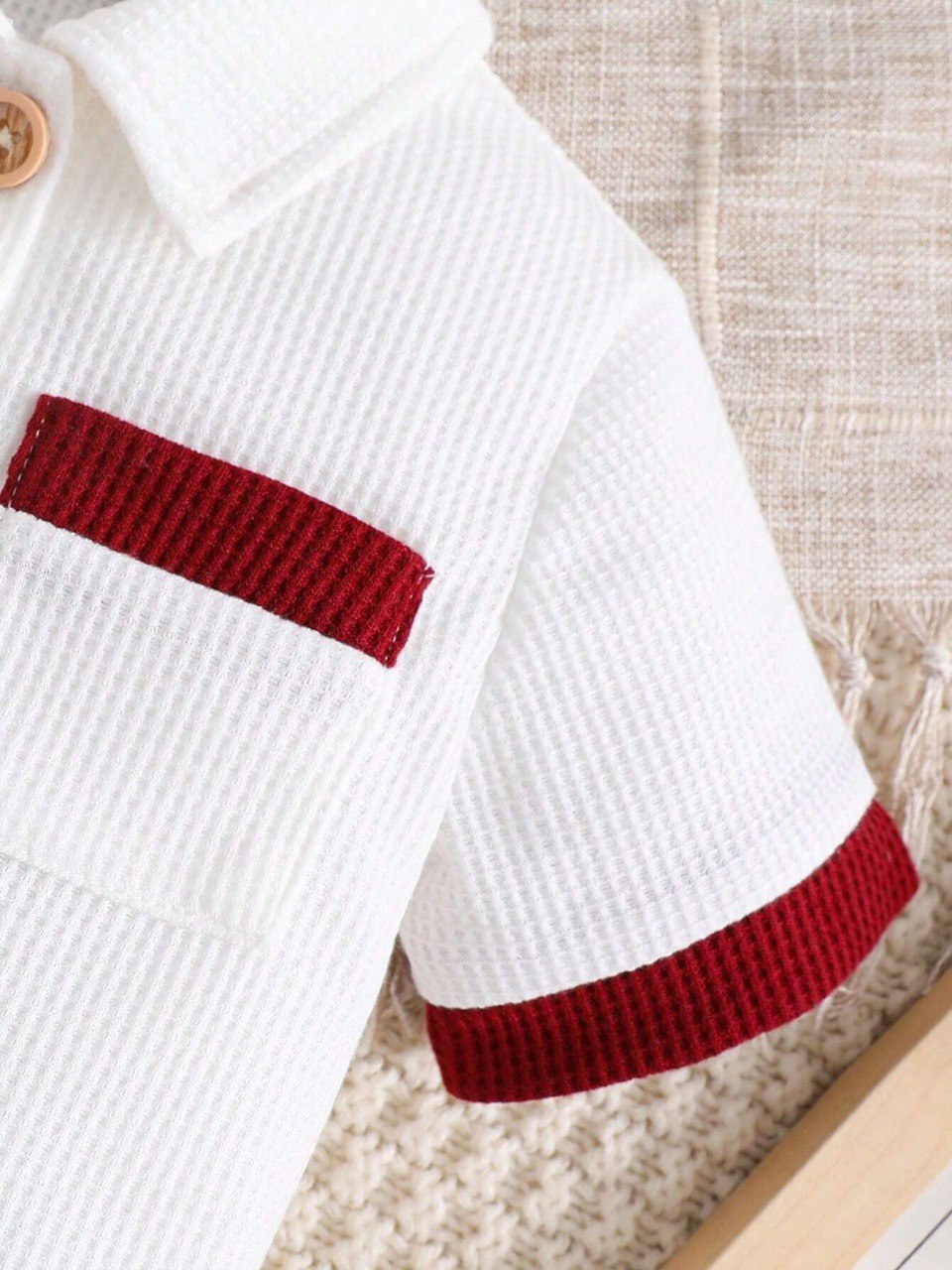 Cotton Unisex White With Red Stripes Top & Bottom Kids Wear Set