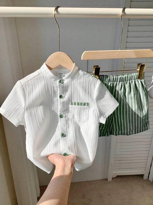 Chic & Comfortable Green & White Sugar Cane Unisex Co-ord Top & Bottom Set for Kids