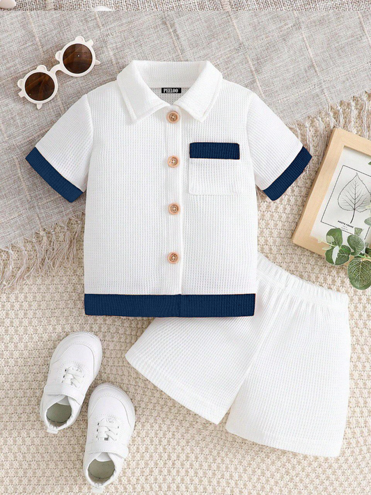Cotton Unisex White With Blue Stripes Top & Bottom Kids Wear Set