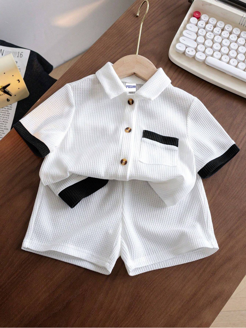 Cotton Unisex White With Black Stripes Top & Bottom Kids Wear Set