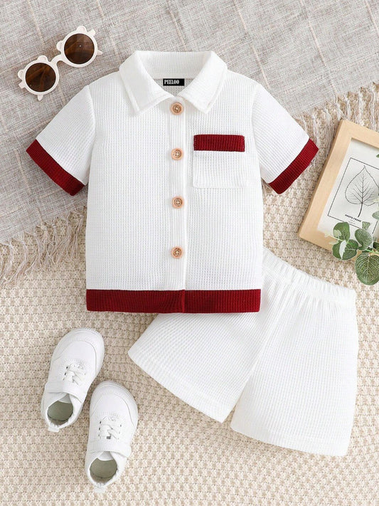 Cotton Unisex White With Red Stripes Top & Bottom Kids Wear Set