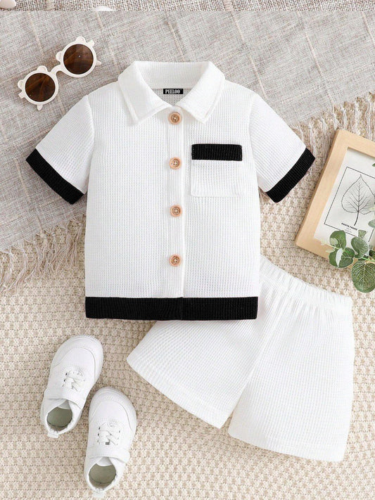 Cotton Unisex White With Black Stripes Top & Bottom Kids Wear Set