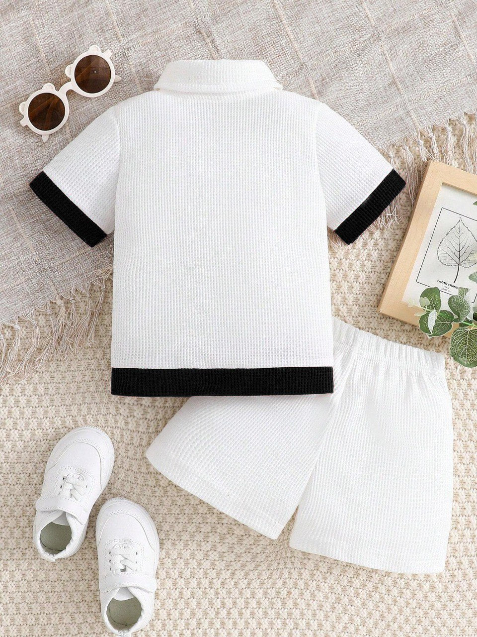 Cotton Unisex White With Black Stripes Top & Bottom Kids Wear Set